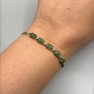 Vintage Gold Tone Green Jade Beaded Chain Bangle Cuff Bracelet